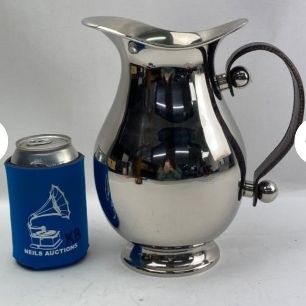 Polished Stainless Steel Pitcher Brown Faux Crocodile Leather Wrapped Handle - Picture 2 of 8